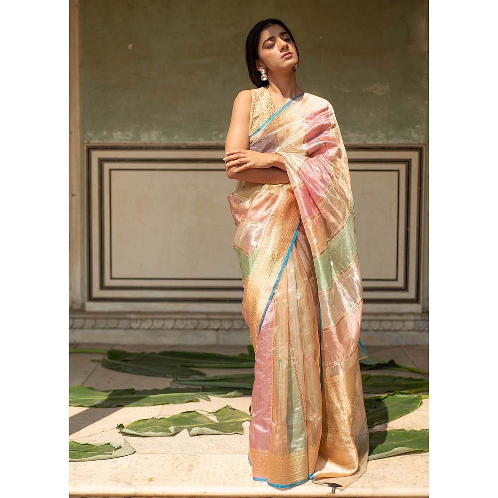 PRIYANKA RAAJIV Eda - Blush and Sage Green Silk Banarasi Organza Saree with Unstitched Blouse