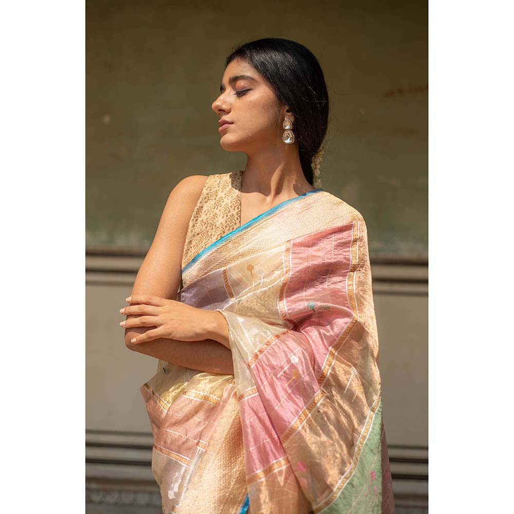 PRIYANKA RAAJIV Eda - Blush and Sage Green Silk Banarasi Organza Saree with Unstitched Blouse