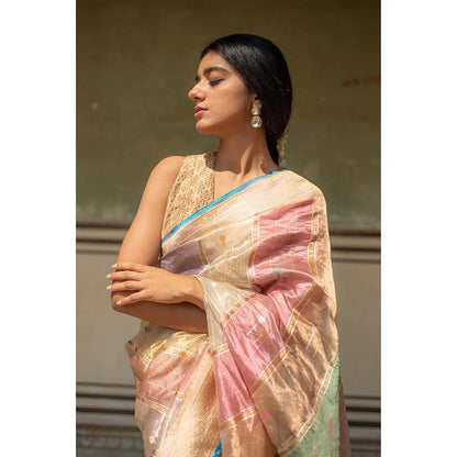 PRIYANKA RAAJIV Eda - Blush and Sage Green Silk Banarasi Organza Saree with Unstitched Blouse