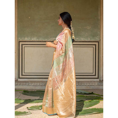PRIYANKA RAAJIV Eda - Blush and Sage Green Silk Banarasi Organza Saree with Unstitched Blouse