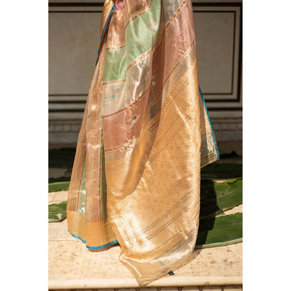 PRIYANKA RAAJIV Eda - Blush and Sage Green Silk Banarasi Organza Saree with Unstitched Blouse