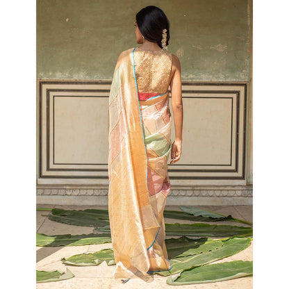 PRIYANKA RAAJIV Eda - Blush and Sage Green Silk Banarasi Organza Saree with Unstitched Blouse
