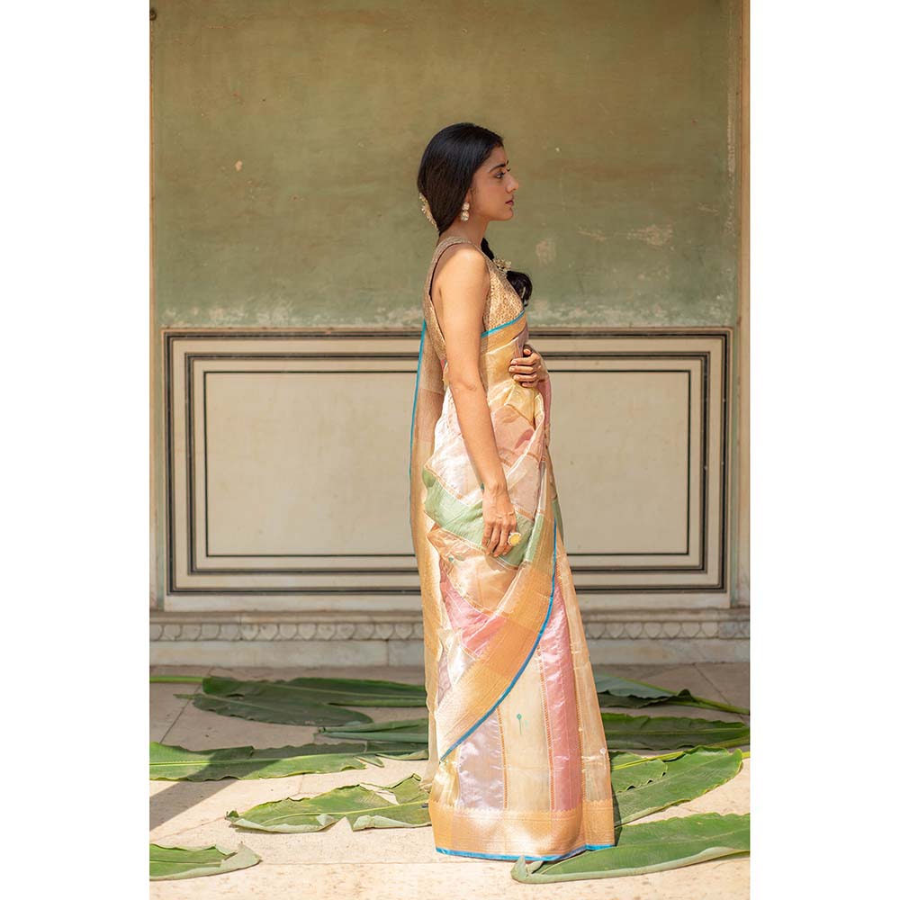 PRIYANKA RAAJIV Eda - Blush and Sage Green Silk Banarasi Organza Saree with Unstitched Blouse