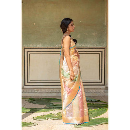 PRIYANKA RAAJIV Eda - Blush and Sage Green Silk Banarasi Organza Saree with Unstitched Blouse
