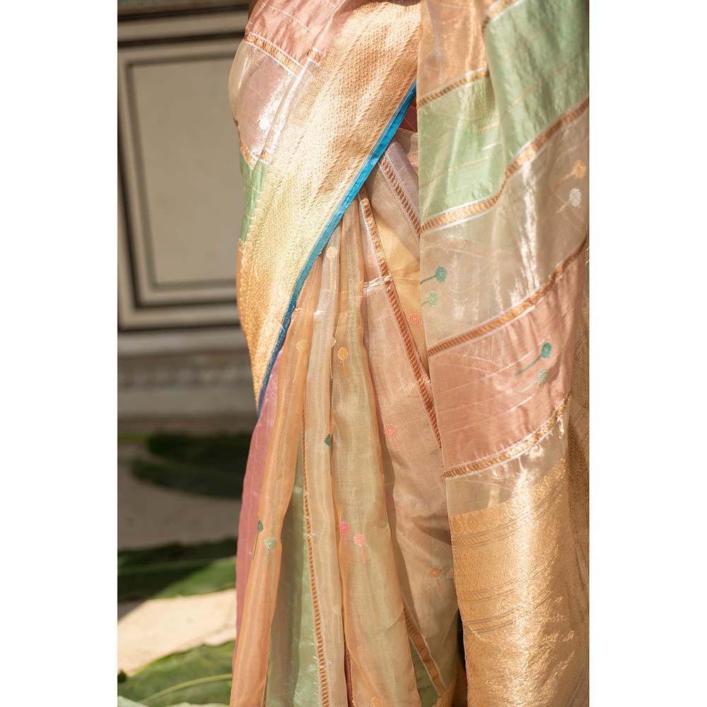 PRIYANKA RAAJIV Eda - Blush and Sage Green Silk Banarasi Organza Saree with Unstitched Blouse