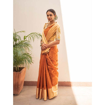 PRIYANKA RAAJIV Lopa Rust : Rust and Gold Plain Silk Chanderi Saree with Unstitched Blouse