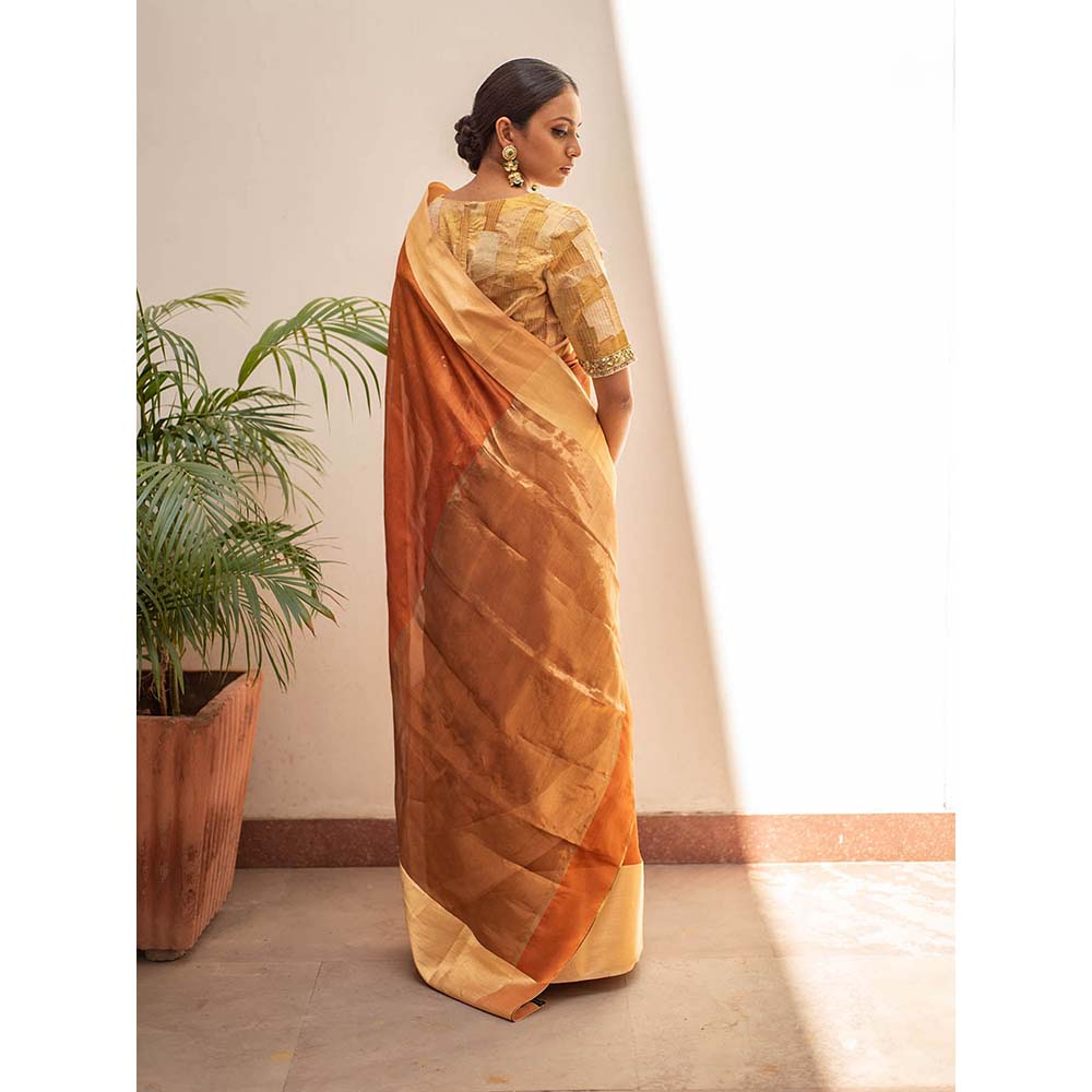 PRIYANKA RAAJIV Lopa Rust : Rust and Gold Plain Silk Chanderi Saree with Unstitched Blouse
