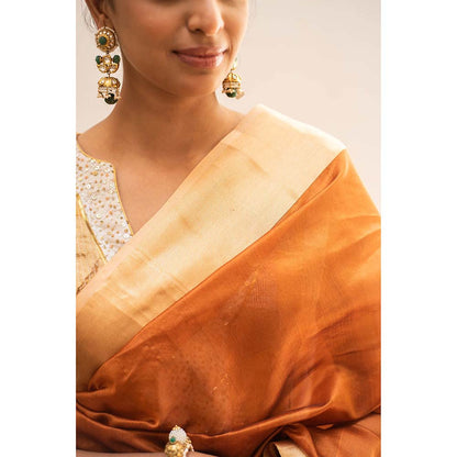 PRIYANKA RAAJIV Lopa Rust : Rust and Gold Plain Silk Chanderi Saree with Unstitched Blouse