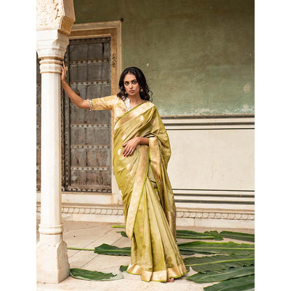 PRIYANKA RAAJIV Rena Green - Olive Green Silk Banarasi Saree with Unstitched Blouse