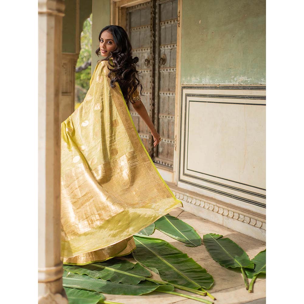 PRIYANKA RAAJIV Rena Green - Olive Green Silk Banarasi Saree with Unstitched Blouse