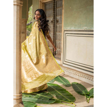 PRIYANKA RAAJIV Rena Green - Olive Green Silk Banarasi Saree with Unstitched Blouse