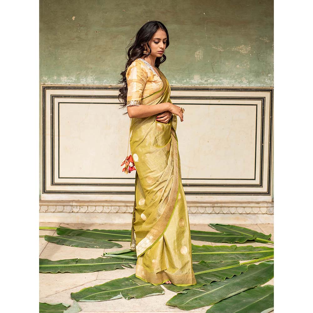 PRIYANKA RAAJIV Rena Green - Olive Green Silk Banarasi Saree with Unstitched Blouse