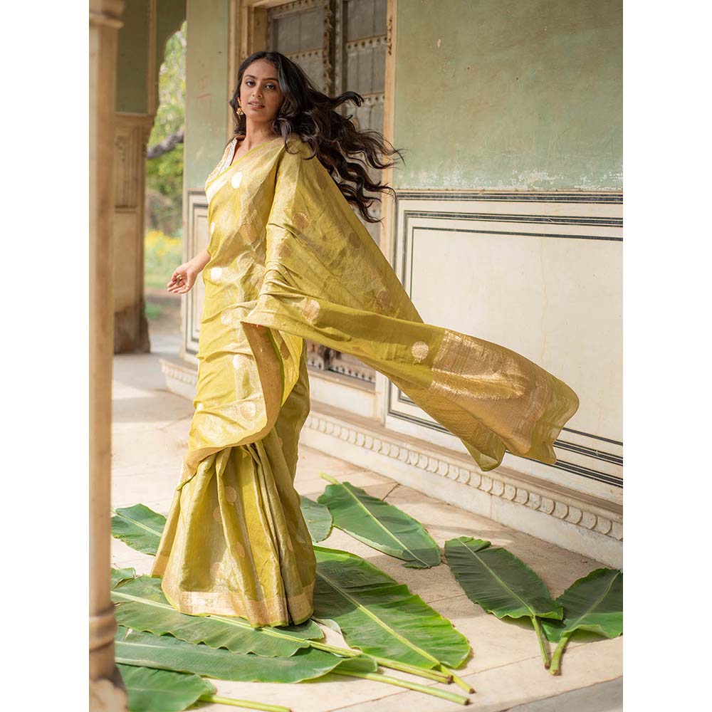 PRIYANKA RAAJIV Rena Green - Olive Green Silk Banarasi Saree with Unstitched Blouse
