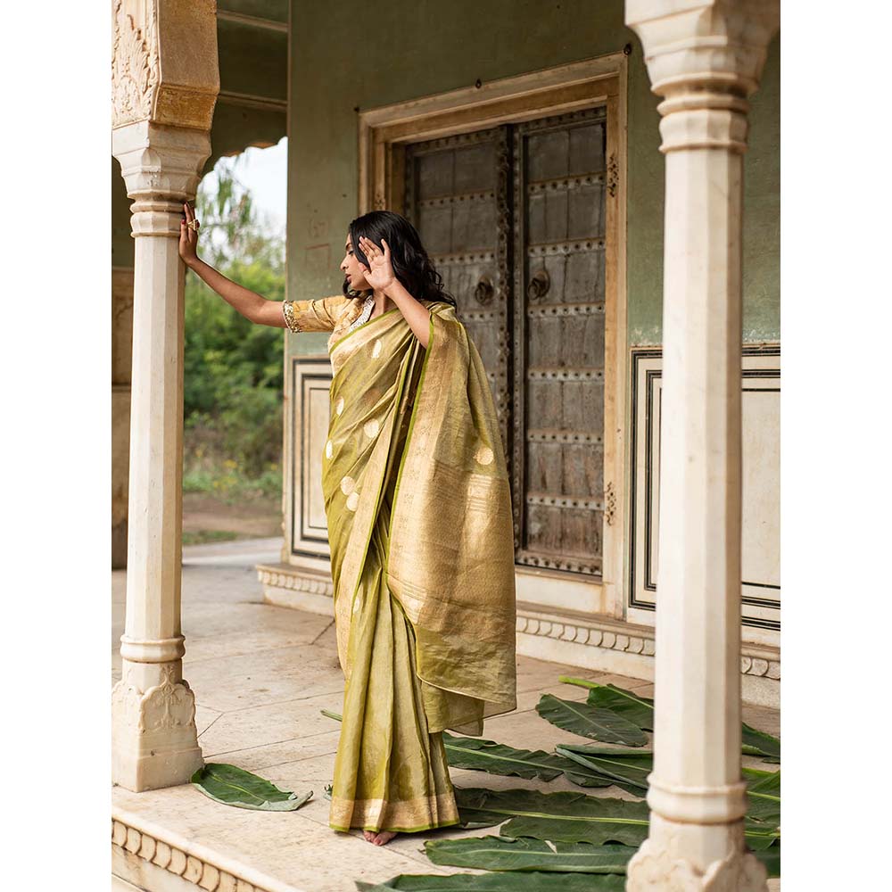 PRIYANKA RAAJIV Rena Green - Olive Green Silk Banarasi Saree with Unstitched Blouse