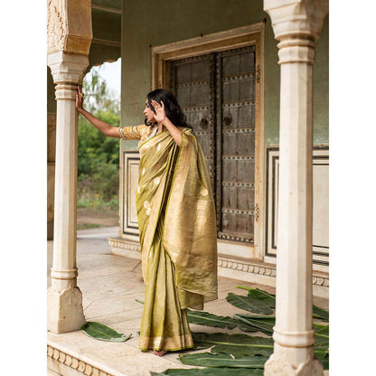 PRIYANKA RAAJIV Rena Green - Olive Green Silk Banarasi Saree with Unstitched Blouse