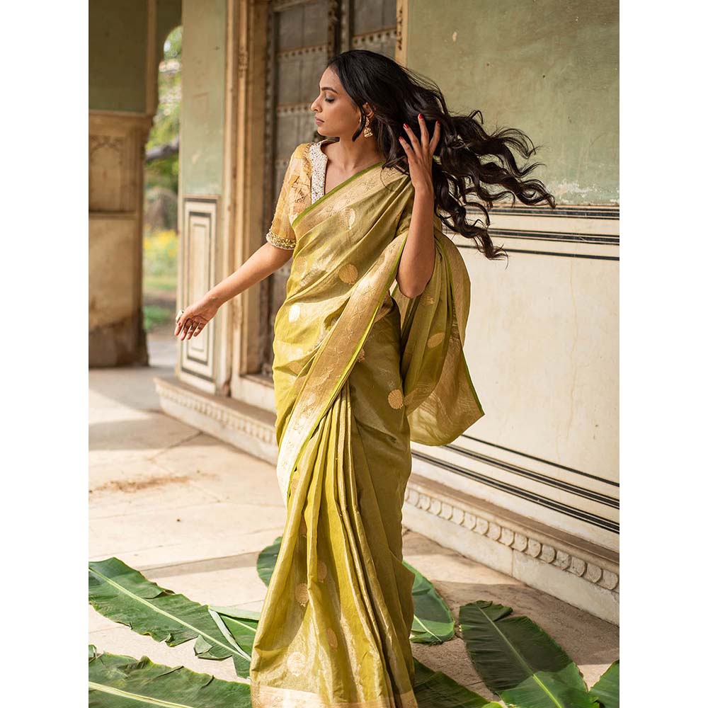 PRIYANKA RAAJIV Rena Green - Olive Green Silk Banarasi Saree with Unstitched Blouse