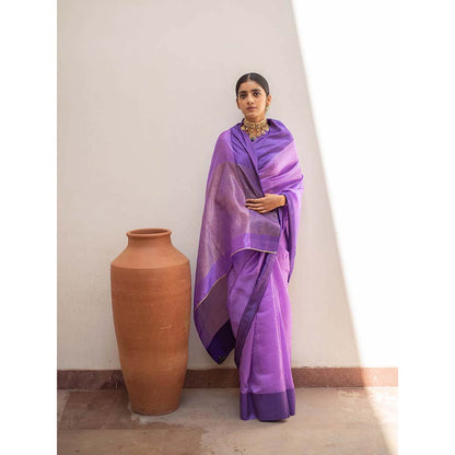 PRIYANKA RAAJIV Kaiya Purple - Purple Silk Mashroo Saree with Tonal Border with Unstitched Blouse
