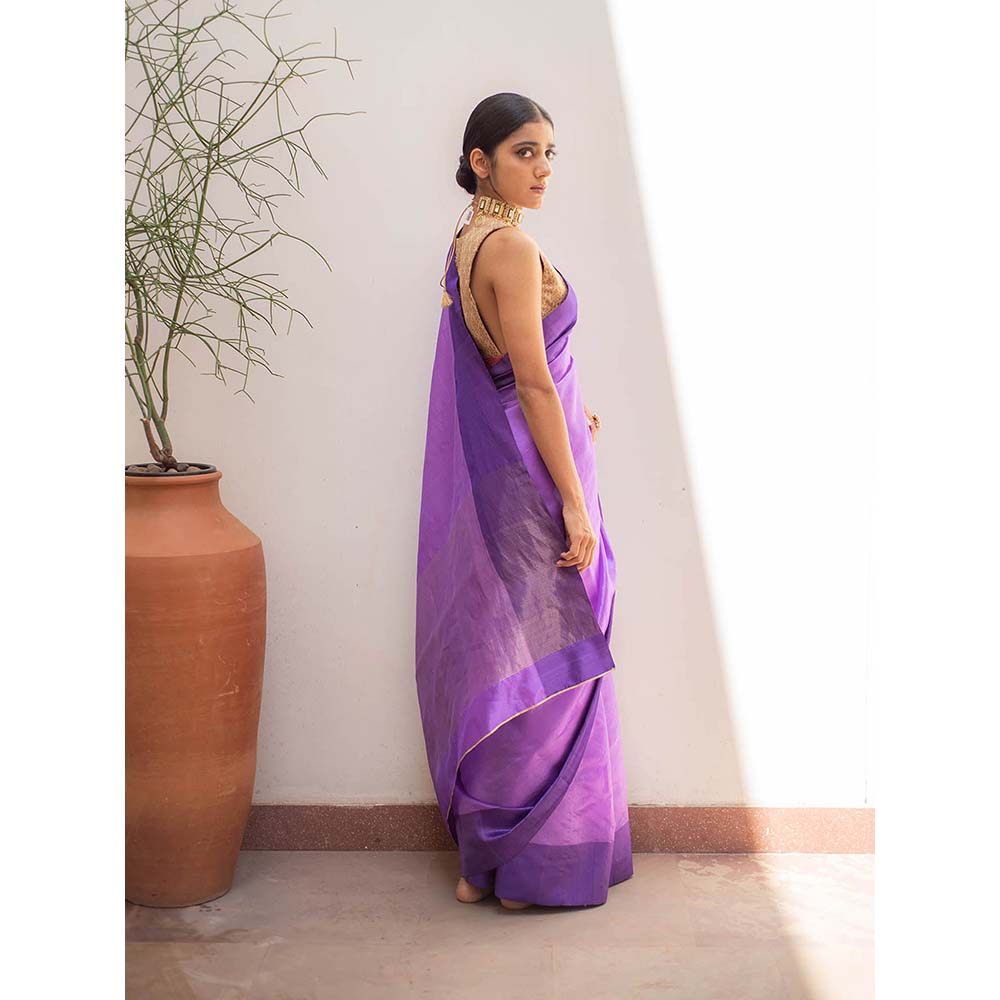 PRIYANKA RAAJIV Kaiya Purple - Purple Silk Mashroo Saree with Tonal Border with Unstitched Blouse