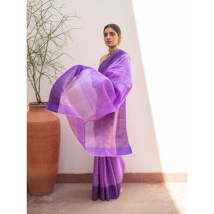 PRIYANKA RAAJIV Kaiya Purple - Purple Silk Mashroo Saree with Tonal Border with Unstitched Blouse