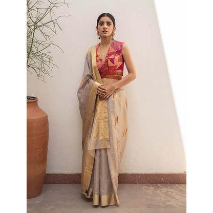 PRIYANKA RAAJIV Kuu - Silver and Gold Silk Chanderi Saree with Unstitched Blouse