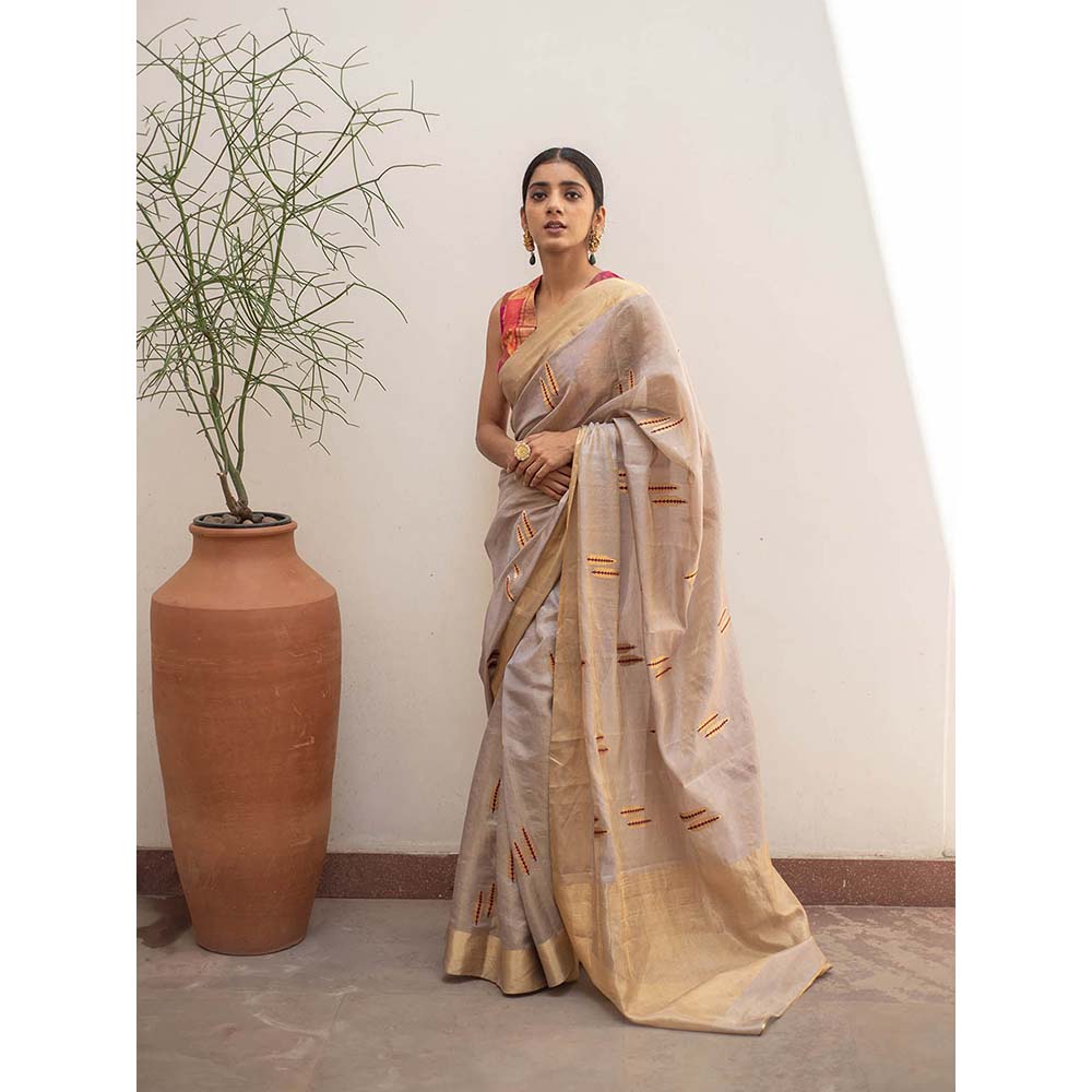 PRIYANKA RAAJIV Kuu - Silver and Gold Silk Chanderi Saree with Unstitched Blouse