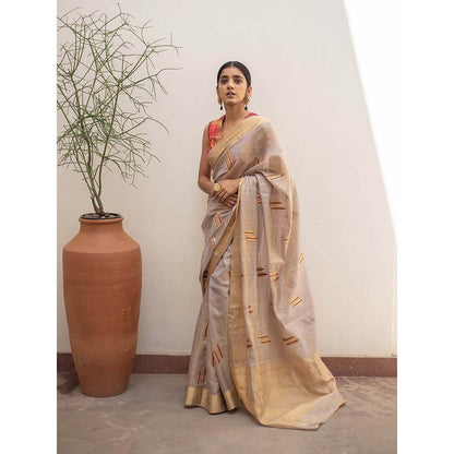 PRIYANKA RAAJIV Kuu - Silver and Gold Silk Chanderi Saree with Unstitched Blouse