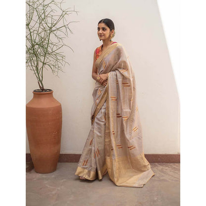 PRIYANKA RAAJIV Kuu - Silver and Gold Silk Chanderi Saree with Unstitched Blouse