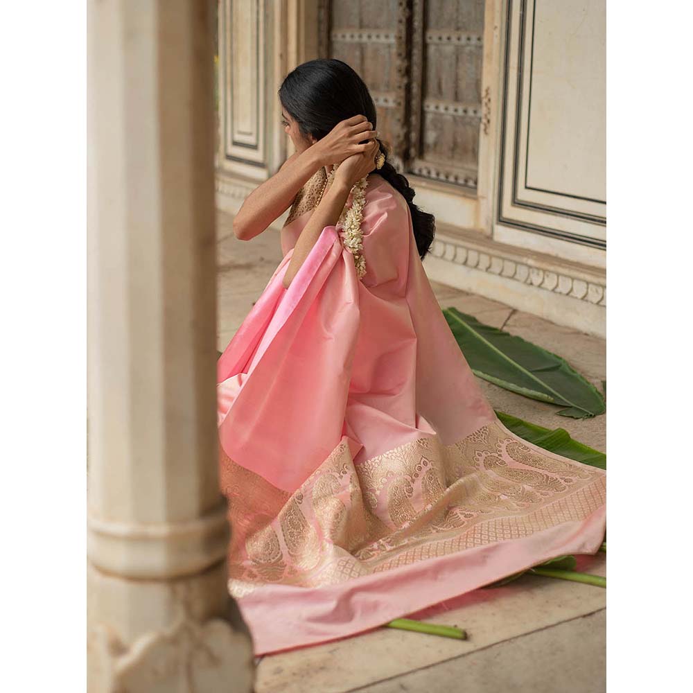 PRIYANKA RAAJIV Mani - Rose Pink Silk Mashroo Saree with Unstitched Blouse