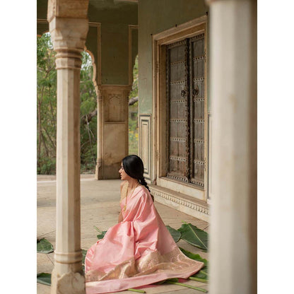PRIYANKA RAAJIV Mani - Rose Pink Silk Mashroo Saree with Unstitched Blouse
