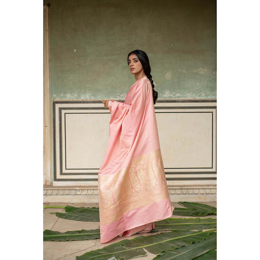 PRIYANKA RAAJIV Mani - Rose Pink Silk Mashroo Saree with Unstitched Blouse