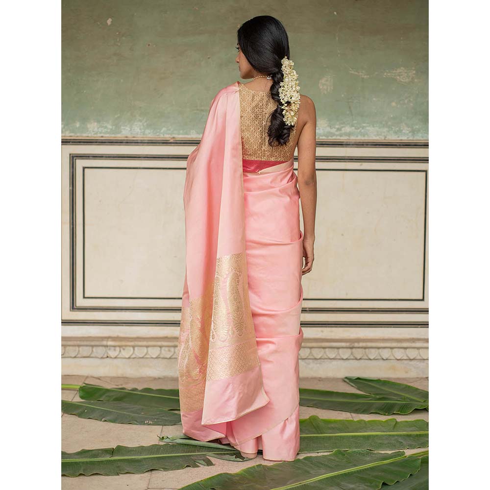 PRIYANKA RAAJIV Mani - Rose Pink Silk Mashroo Saree with Unstitched Blouse