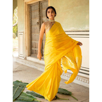 PRIYANKA RAAJIV Mani Yellow - Silk Mashroo Saree with Unstitched Blouse