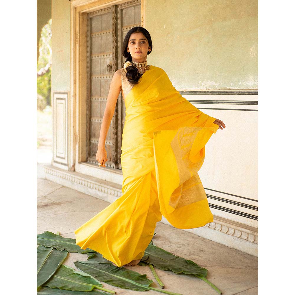 PRIYANKA RAAJIV Mani Yellow - Silk Mashroo Saree with Unstitched Blouse