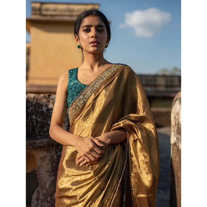 PRIYANKA RAAJIV Kiara - Green Vrocade and Gold Tissue Saree with Unstitched Blouse