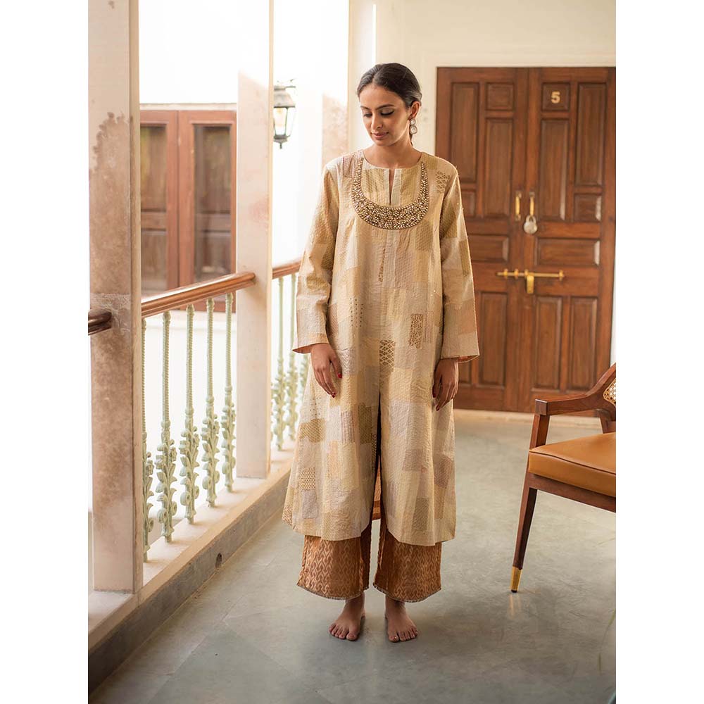 PRIYANKA RAAJIV Renata + Rafa - Beige Upcycled Patchwork Kurta with Silk Pants (Set of 2)