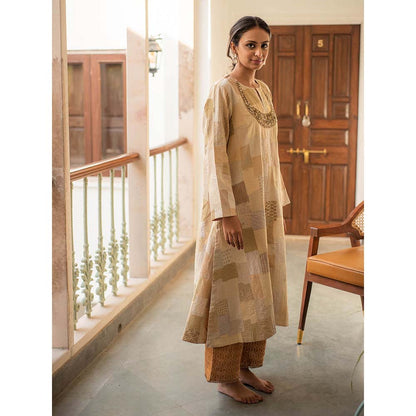 PRIYANKA RAAJIV Renata + Rafa - Beige Upcycled Patchwork Kurta with Silk Pants (Set of 2)
