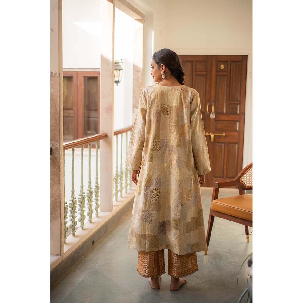 PRIYANKA RAAJIV Renata + Rafa - Beige Upcycled Patchwork Kurta with Silk Pants (Set of 2)