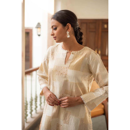 PRIYANKA RAAJIV Nova + Rafa - Ivory Upcycled Patchwork Kurta with Silk Pants (Set of 2)