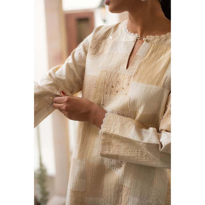 PRIYANKA RAAJIV Nova + Rafa - Ivory Upcycled Patchwork Kurta with Silk Pants (Set of 2)
