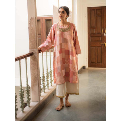 PRIYANKA RAAJIV Senara - Pink Upcycled Patchwork Kurta (Set of 2)