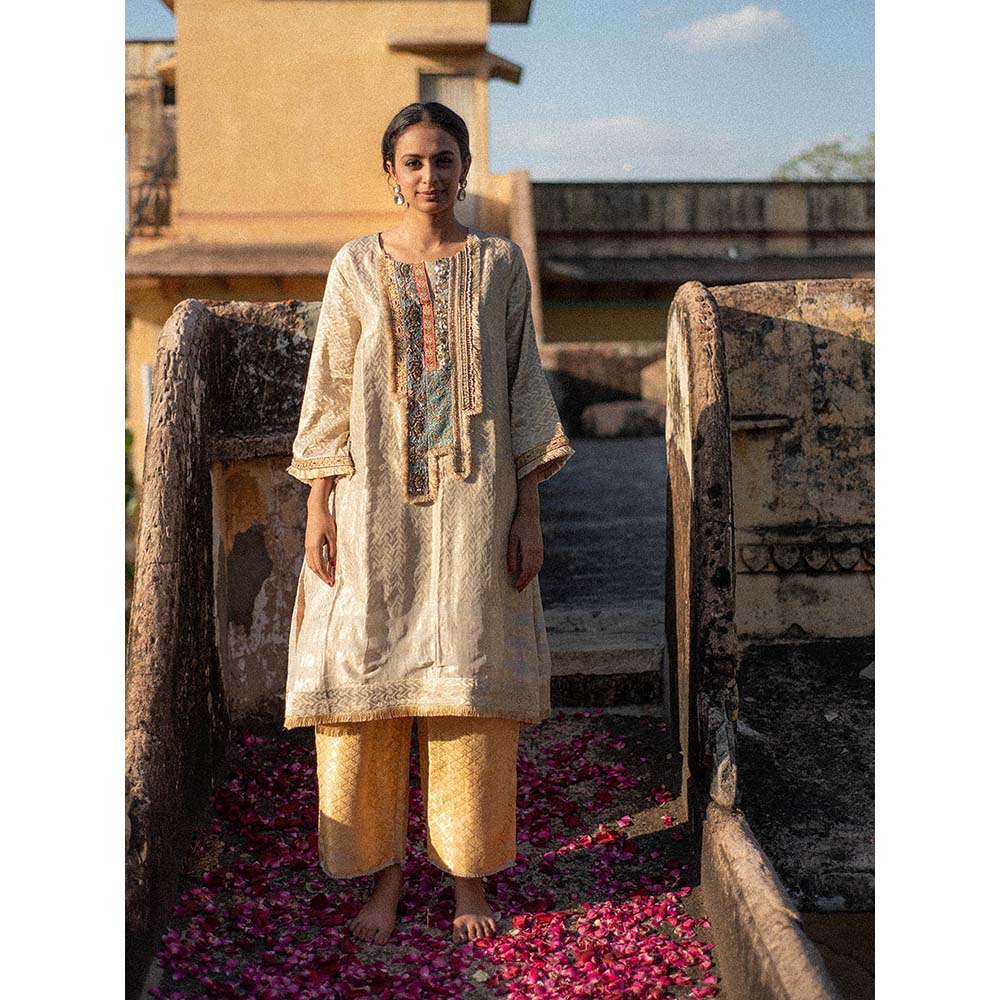 PRIYANKA RAAJIV Yara + Nara - Ivory Upcycled, Embroidered Kurta with Silk Pants (Set of 2)