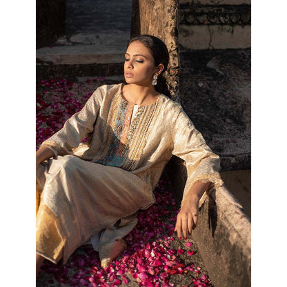 PRIYANKA RAAJIV Yara + Nara - Ivory Upcycled, Embroidered Kurta with Silk Pants (Set of 2)