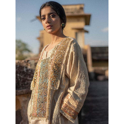 PRIYANKA RAAJIV Miharu + Rafa - Ivory Upcycled, Embroidered Kurta with Silk Pants (Set of 2)
