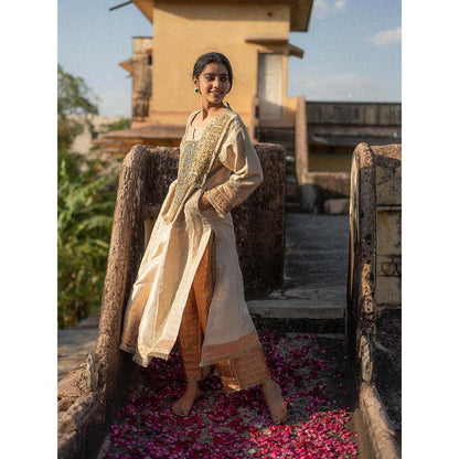 PRIYANKA RAAJIV Miharu + Rafa - Ivory Upcycled, Embroidered Kurta with Silk Pants (Set of 2)
