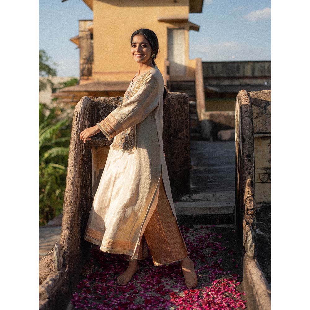 PRIYANKA RAAJIV Miharu + Rafa - Ivory Upcycled, Embroidered Kurta with Silk Pants (Set of 2)