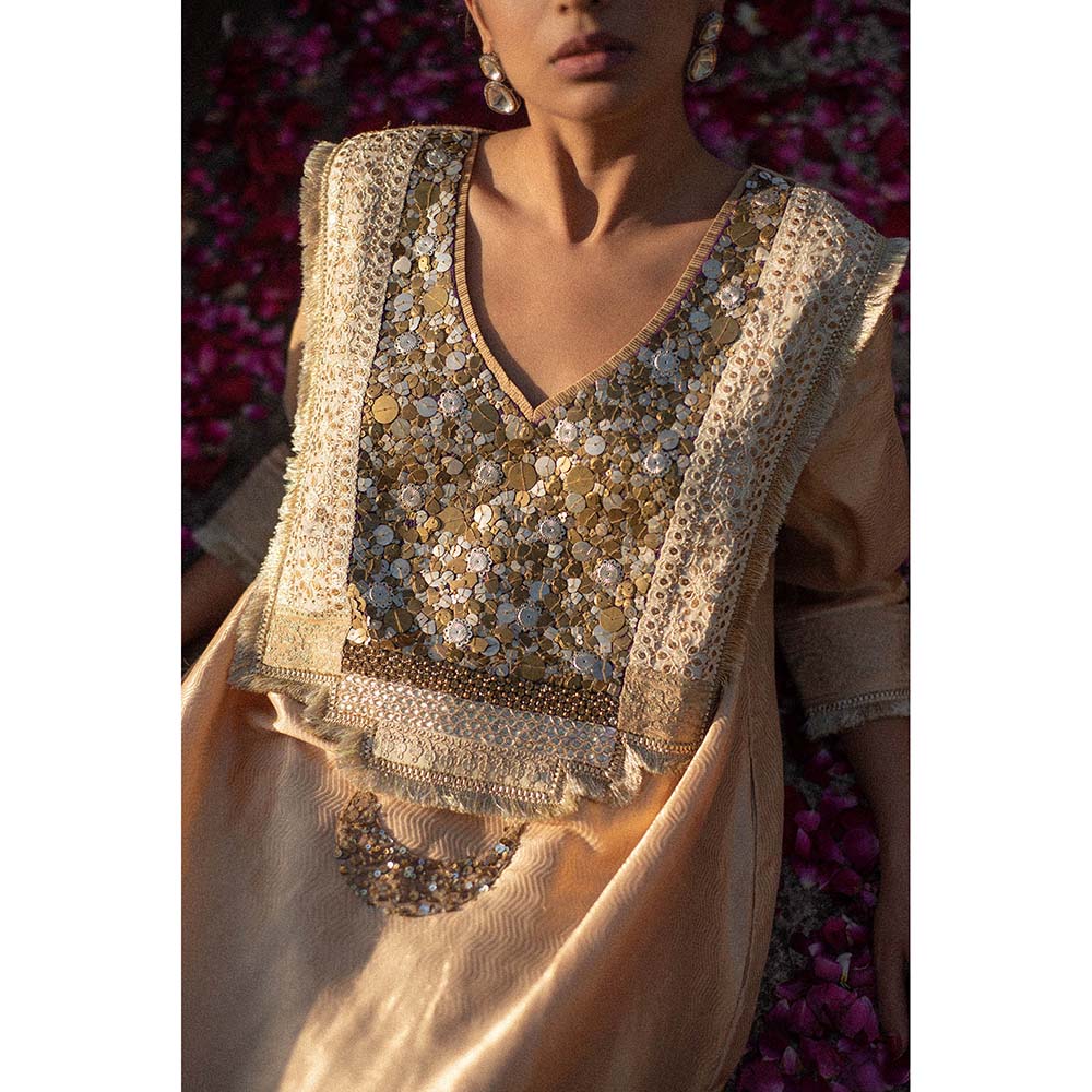 PRIYANKA RAAJIV Amani + Nara - Beige Upcycled Metal Work Kurta with Silk Pant (Set of 2)