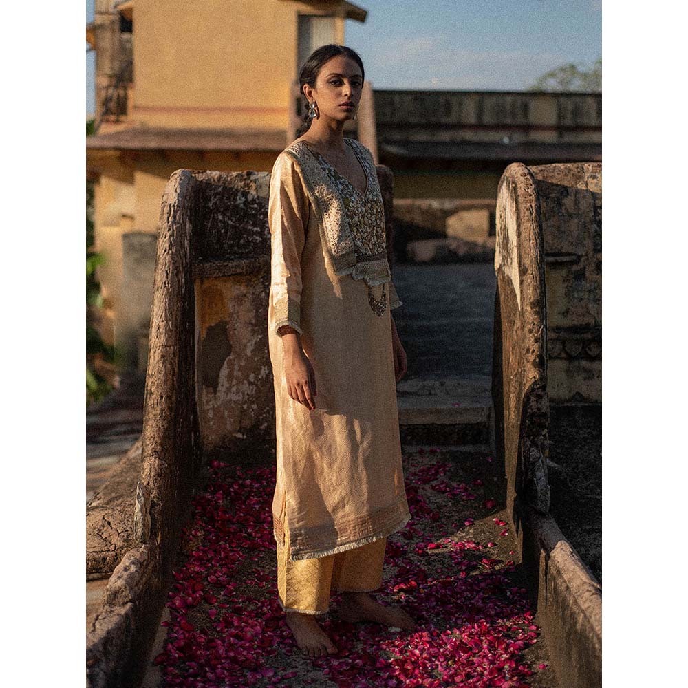 PRIYANKA RAAJIV Amani + Nara - Beige Upcycled Metal Work Kurta with Silk Pant (Set of 2)