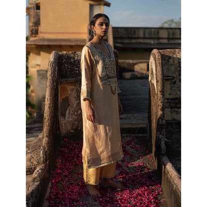 PRIYANKA RAAJIV Amani + Nara - Beige Upcycled Metal Work Kurta with Silk Pant (Set of 2)