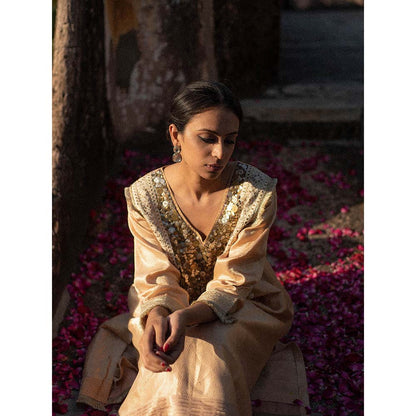 PRIYANKA RAAJIV Amani + Nara - Beige Upcycled Metal Work Kurta with Silk Pant (Set of 2)