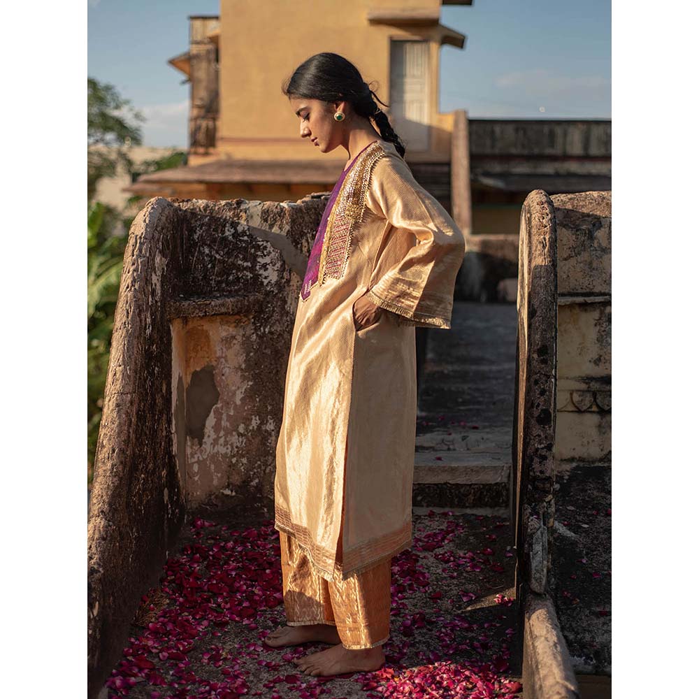 PRIYANKA RAAJIV Amari + Rafa - Beige Upcycled Brocade Kurta with Silk Brocade Pants (Set of 2)